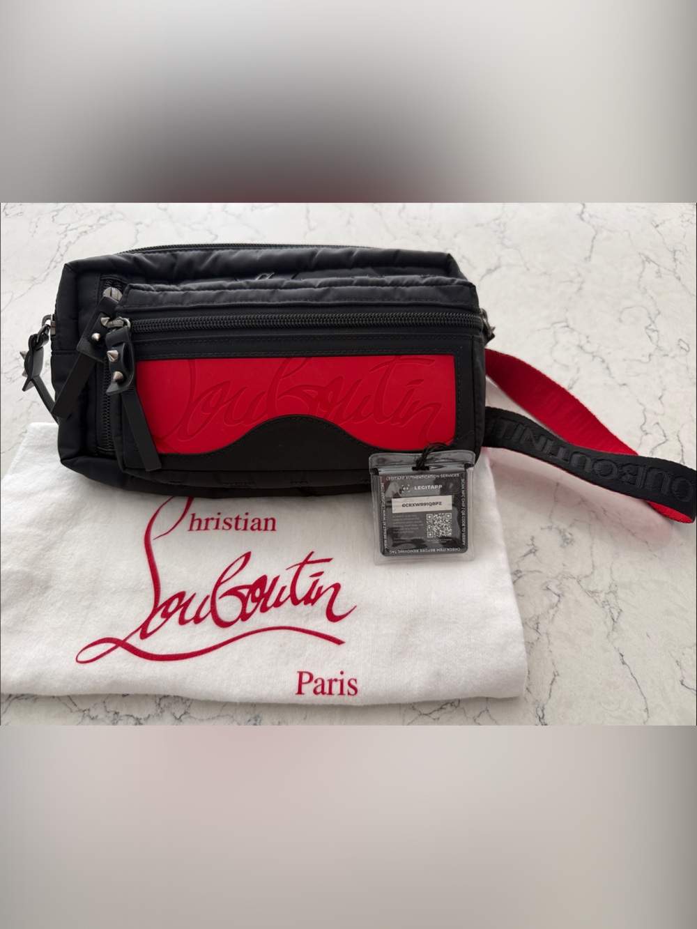 Christian Louboutin Black and Red Belt Bag with Signature Logo Panel